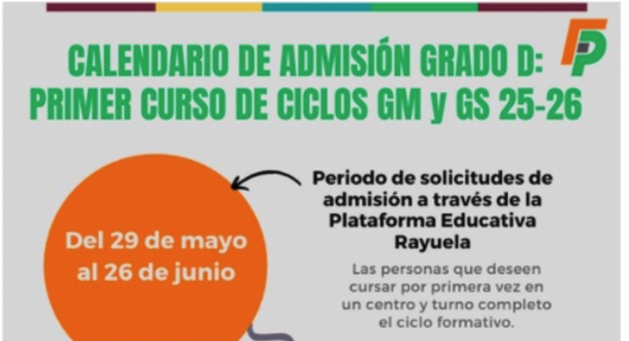 Abierto el plazo de admisión y matriculación a Ciclos de Formación Profesional para el Curso 2025-2026
