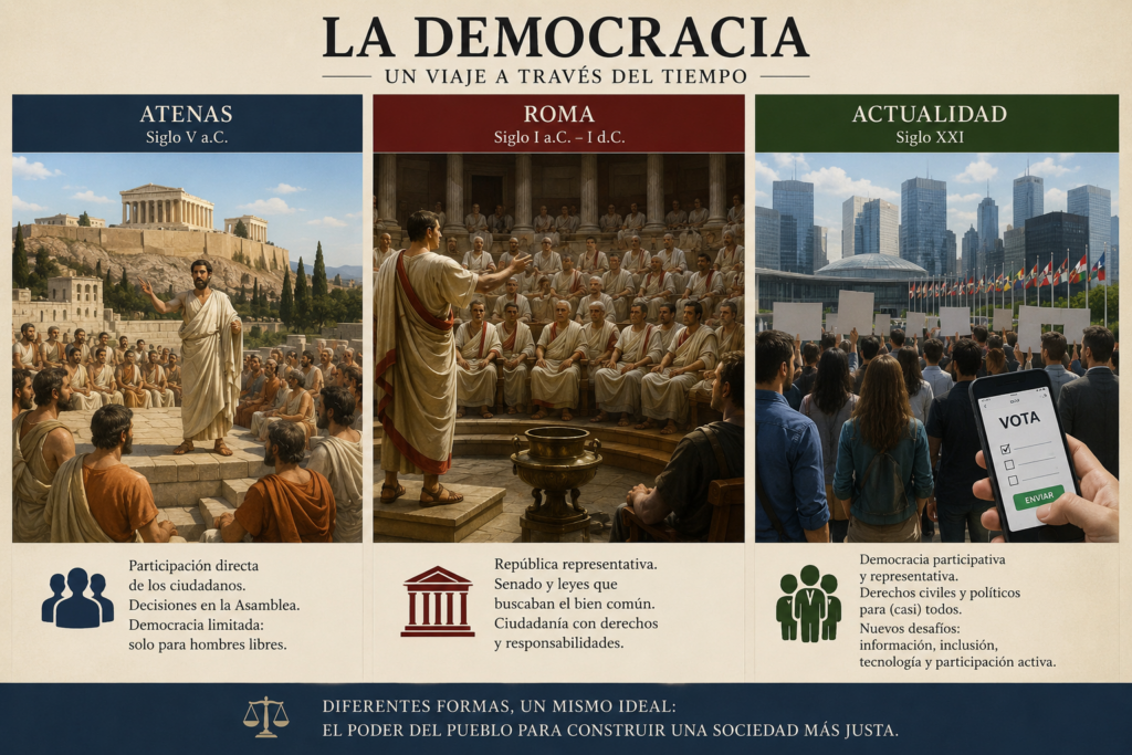 Democracia: origen, evolución y tensiones desde la Antigüedad hasta hoy